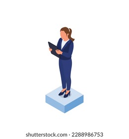 Isomeric office lady vector set. Office life. Optimizing technology. Flat vector character isolated on white background.