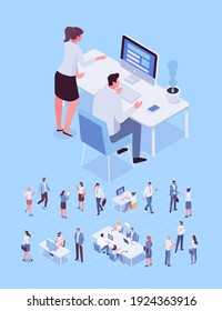 Isomeric office people vector set. Office life. Business people, Teamwork. Programmer. Vector characters isolated