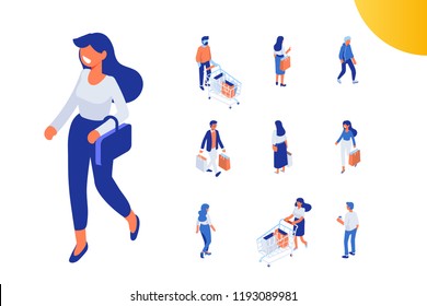 Grupo vectorial de tiendas isómeros. Caminando niña isométrica. Personajes hombres y mujeres con bolsas de compras y carros de compras. Caracteres vectoriales planos aislados en fondo oscuro.