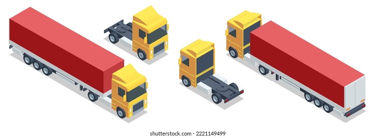 Isomeric Truck trailer with container. Car for the carriage of goods. Cargo delivering vehicle template isolated on white. Transports, logistics.
