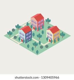 Isomeric vector cottages with trees and bushes