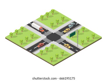 Isomertic city intersection and road markings vector illustration. 