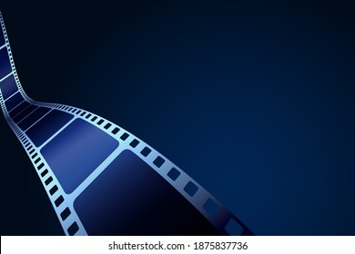 Isometeric film strip isolated on blue background. 3D film strip in perspective. Vector template cinema festival with place for text. Movie design for brochure, poster, banner, flyer. Cinema backdrop.