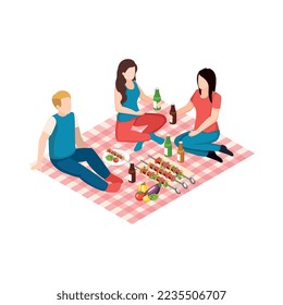Isomatische Bq Grill-Picknick-Komposition mit isolierten Symbolen auf unscharfem Hintergrund, Vektorgrafik