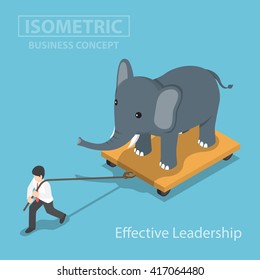 Isometic businessman pull elephant that standing on cart, Effective Leadership, power, hardship, career burden concept, VECTOR, EPS10