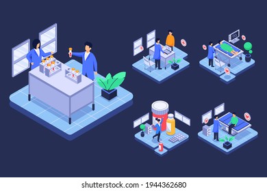 Isometic Doctors doing research in lab,  patient on bed to receive treatment  in cartoon character, Medicine concept. flat Vector illustration 