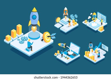 isometic man working to setup with laptop computer in cartoon charactor, design flat vector illustration