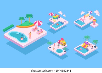 isometic on beach activity in summer time, graphic design cartoon character on blue background, flat vector illustration