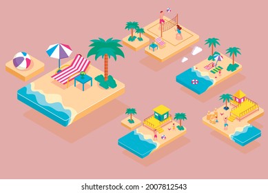 Isometic on beach activity in summer time, cartoon character, flat illustration
