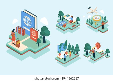 isometic pattern traveler planing to travel with airplan in graphic design cartoon character, flat vector illustration 