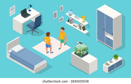 Isometirc interior elements for modern teenager room interior with comfortable bed. Idea for interior decor. Interior of modern study room for teenager