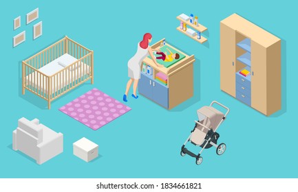 Isometirc interior furniture for baby room. Cot, changing table, chair, baby and mom. Icons of wooden furniture.