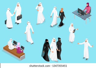 Isometirc Saudi Businessmens. Arab man and woman character set. Muslim businessman with gadgets isolated vector illustration.