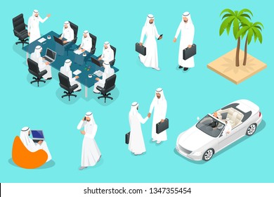 Isometirc Saudi Businessmens. Arab man n character set. Muslim businessman with gadgets isolated vector illustration.