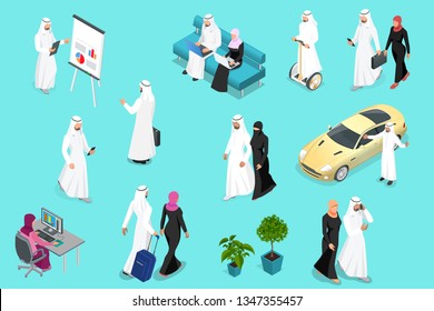 Isometirc Saudi Businessmens. Arab man and woman character set. Muslim businessman with gadgets isolated vector illustration.