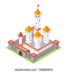 Isometrc Castle Game Screen Concept Adventurer RPG Flat Design Magic Fairy Tail Isolated Icon Template Vector Illustration