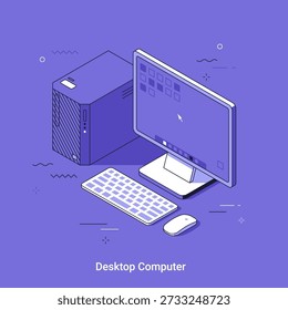 Isometrci vector illustration with Desktop computer in isometric view for digital workspace and office setup. Technology device for remote work, education, business communication.