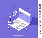 Isometrci vector illustration, Document with signature and stamp representing approval or authorization. Financial transaction review and contract signing concept.