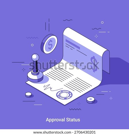 Isometrci vector illustration, Document with signature and stamp representing approval or authorization. Financial transaction review and contract signing concept.