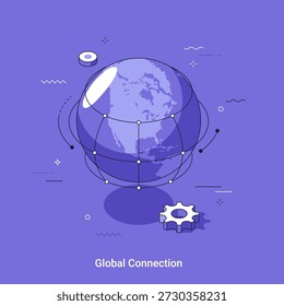 Ilustración vectorial isométrica para conexión global o concepto de red de Internet con mapa mundial que muestra todos los continentes, intercambio de datos y comunicación mundial para empresas