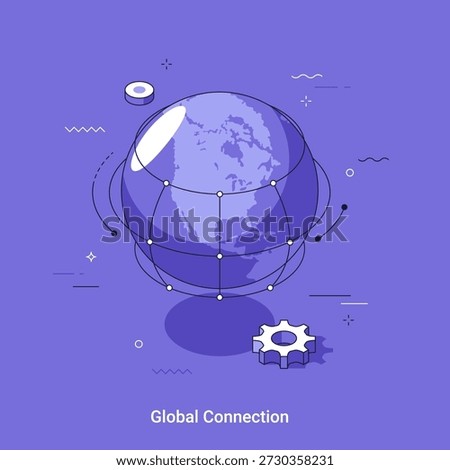 Isometrci vector illustration for Global connection or internet network concept with world map showing all continents, data exchange and worldwide communication for business