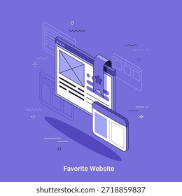 Ilustración vectorial isométrica. Web de la ventana del navegador con marcador de estrella. Concepto de Sitio web favorito, navegación en línea, datos de Internet y contenido digital para la experiencia del usuario.