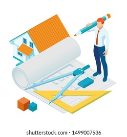 Isometri architect drawing on architectural project concept. Architects workplace - architectural project, blueprints, ruler, laptop and divider compass.