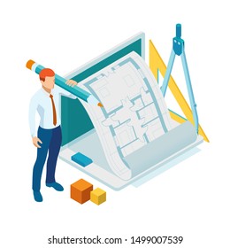 Isometri architect drawing on architectural project concept. Architects workplace - architectural project, blueprints, ruler, laptop and divider compass.