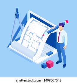 Isometri architect drawing on architectural project concept. Architects workplace - architectural project, blueprints, ruler, laptop and divider compass.