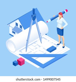 Isometri architect drawing on architectural project concept. Architects workplace - architectural project, blueprints, ruler, laptop and divider compass.