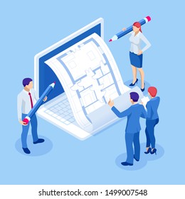 Isometri architect drawing on architectural project concept. Architects workplace - architectural project, blueprints, ruler, laptop and divider compass.