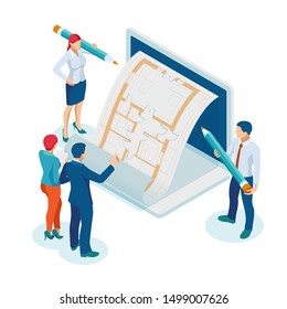 Isometri architect drawing on architectural project concept. Architects workplace - architectural project, blueprints, ruler, laptop and divider compass.