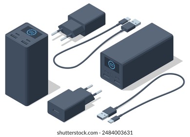 Isometri Powerbanks conjunto aislado sobre fondo blanco. Cargador portátil