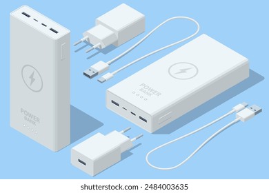 Isometri Powerbanks conjunto aislado sobre fondo blanco. Cargador portátil