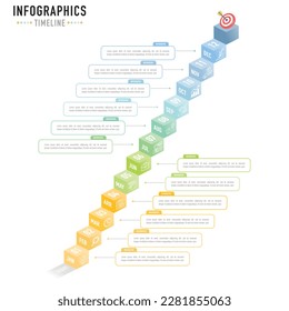 Isometric 12 months timeline or mind map infographic planner template with colorful box layer, 3D square cube, rectangle, paper origami for sale slide, minimal modern simple style, milestone 1 year