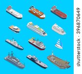 Isometric 12 ship detailed web vector icon set. Flat 3d isometry nautical naval civil military travel transport collection. Tanker cargo cruise ship aircraft carrier cruiser coast guard boat yacht.