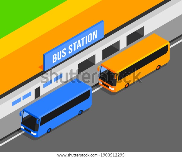 isometric 2 buses\
that are parked at the bus station. building station public\
transport tourists and ticket\
office