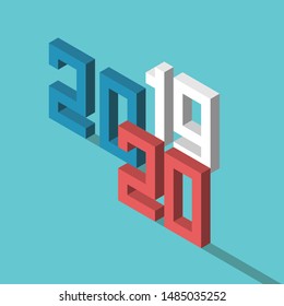 Isometric 2019 text changing to 2020 on turquoise blue. New Year, time, future, expectation, forecast, results, analysis concept. Flat design. EPS 8 vector illustration, no transparency, no gradients