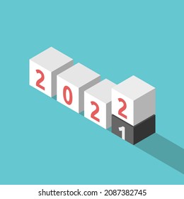 Isometric 2021 blocks going and 2022 coming. New Year, change, time, future, anticipation, countdown and expectation concept. Flat design. EPS 8 vector illustration, no transparency, no gradients