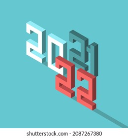 Isometric 2021 text changing to 2022. New Year, change, time, future, anticipation, countdown and expectation concept. Flat design. EPS 8 vector illustration, no transparency, no gradients