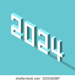 Isometric 2024 text on turquoise blue. New Year, holiday, planning, forecasts, and future concept. Flat design. EPS 8 vector illustration, no transparency, no gradients