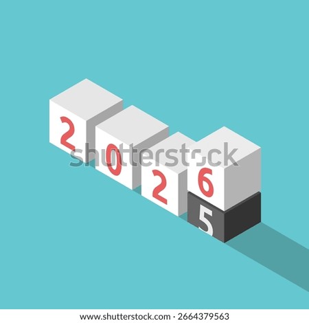 Isometric 2025 blocks going and 2026 coming. New Year, change, time, future, anticipation, countdown and expectation concept. Flat design. EPS 8 vector illustration, no transparency, no gradients