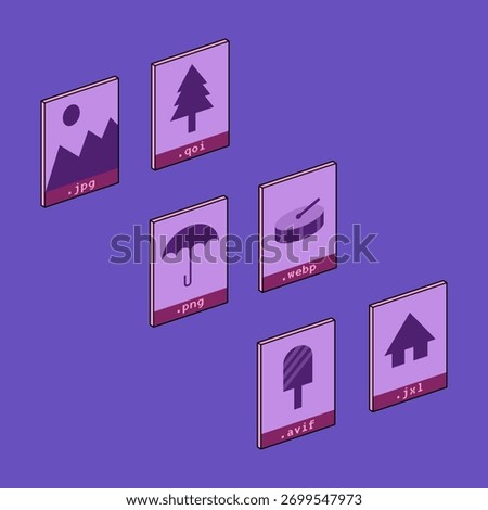 Isometric 2D flat illustration representing image file types such as JPG, PNG, WEBP, AVIF, QOI and JXL.