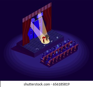 Isometric 2d icon with actors bowing after theatre performance vector illustration