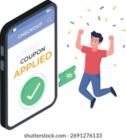 Ilustración 2D isométrica que muestra una aplicación de código promocional o de descuento exitosa durante un proceso de Completar compra en línea. Una pantalla de smartphone muestra "CUPÓN APLICADO" con una Grande marca de verificación verde.