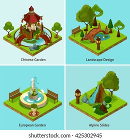  Isometric 2x2 chinese garden european garden and alpine slides landscape design concept isometric isolated vector illustration