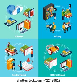 Isometric 2x2 compositions presenting classic library e-books reading people and different types of books vector illustration