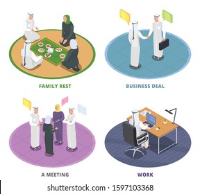 Isometric 2x2 design concept with arab people resting with family and working 3d isolated vector illustration