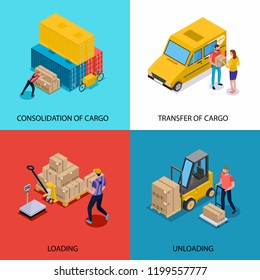 Isometric 2x2 design concept with consolidation loading unloading and delivery of cargoes isolated on colorful background 3d vector illustration