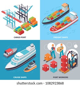 Isometric 2x2 design concept with freight and cruise ships and sea port workers isolated on colorful background 3d vector illustration